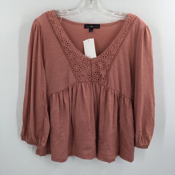Derek Heart Women's Knit Lace Trim Peasant Blouse Long Sleeve Maroon Large NWT - Picture 2 of 5